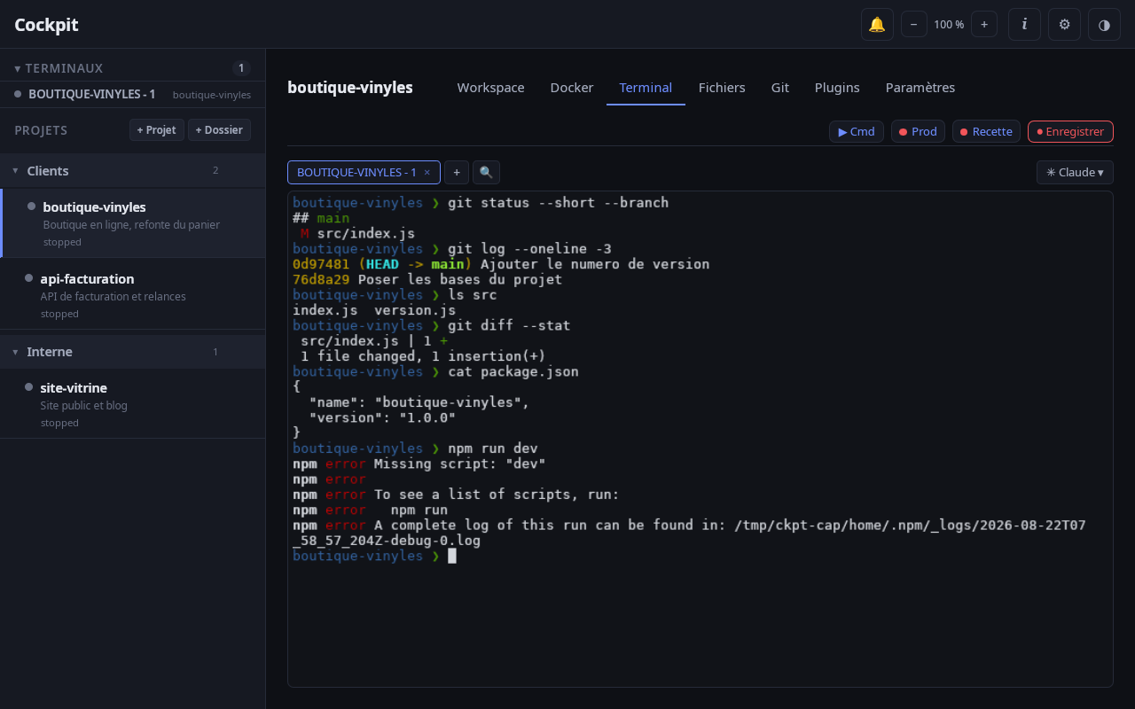 Un terminal ouvert dans Cockpit, affichant le résultat de git status et de git log.